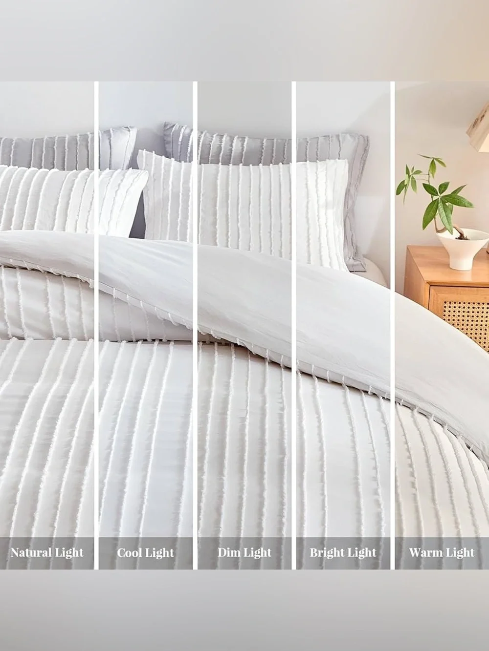 WARMDERN White Boho Duvet Cover Set Striped Textured Tufted Bedding Set, 3 Pcs